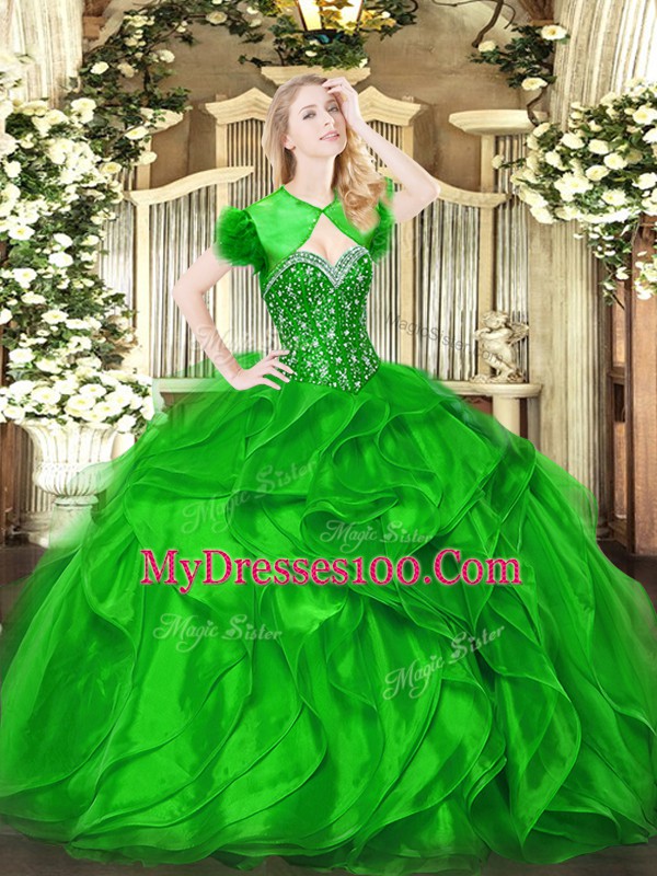 Green Organza Lace Up Sweetheart Sleeveless Floor Length 15th Birthday Dress Beading and Ruffles