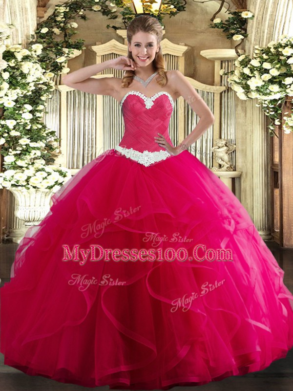 Best Sleeveless Tulle Floor Length Lace Up 15 Quinceanera Dress in Hot Pink with Appliques and Ruffles
