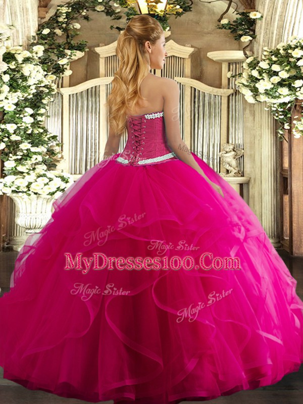 Best Sleeveless Tulle Floor Length Lace Up 15 Quinceanera Dress in Hot Pink with Appliques and Ruffles