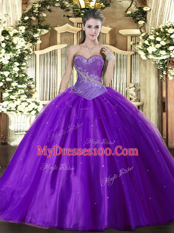Beading Vestidos de Quinceanera Eggplant Purple Lace Up Sleeveless Floor Length