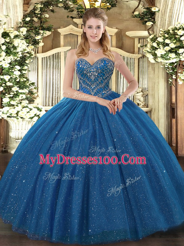 Sweetheart Sleeveless Quinceanera Dresses Floor Length Beading Teal Tulle