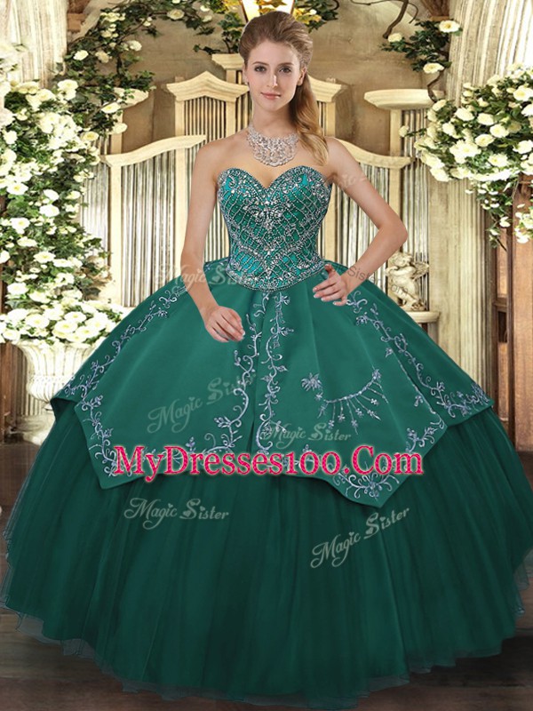 Customized Taffeta and Tulle Sweetheart Sleeveless Lace Up Beading Vestidos de Quinceanera in Teal