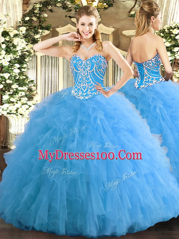 High End Tulle Sleeveless Floor Length Sweet 16 Dress and Beading and Ruffles