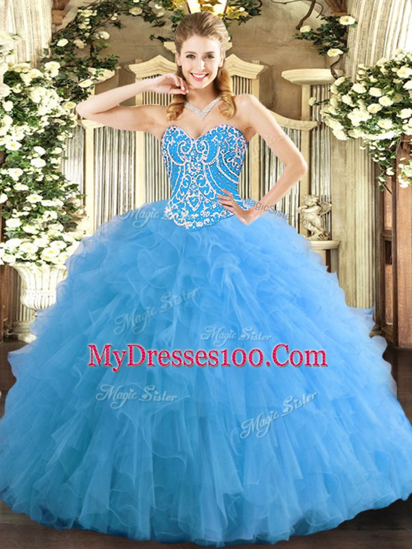 High End Tulle Sleeveless Floor Length Sweet 16 Dress and Beading and Ruffles