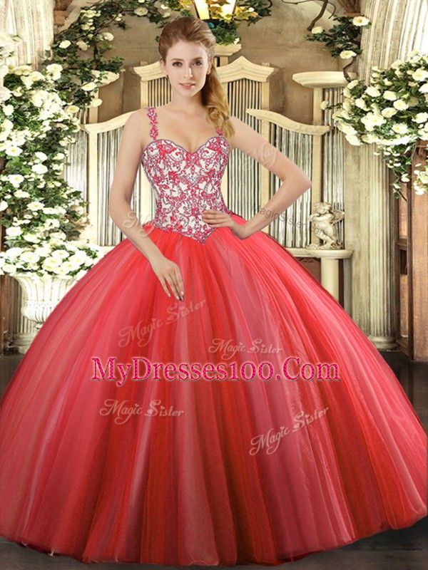 Floor Length Coral Red Quinceanera Dress Straps Sleeveless Lace Up