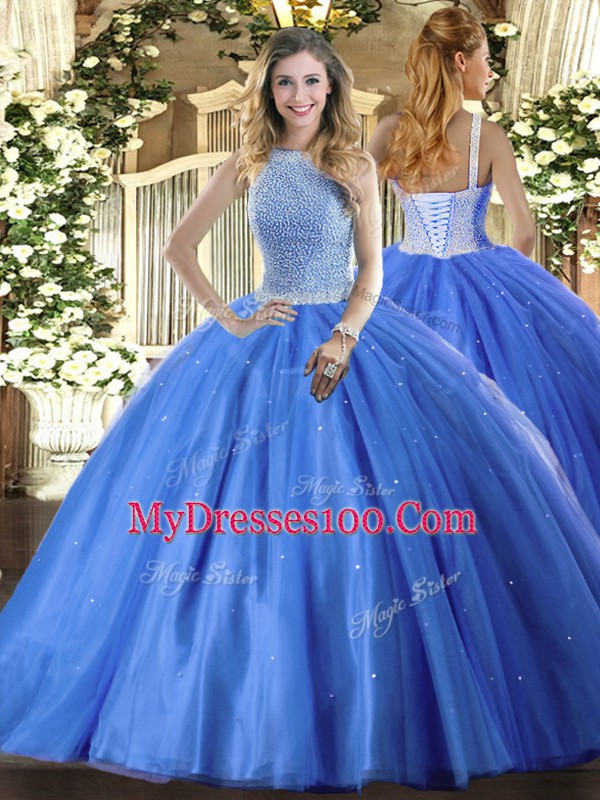 Baby Blue Tulle Lace Up 15th Birthday Dress Sleeveless Floor Length Beading