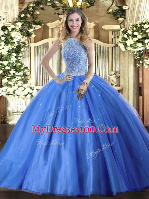 Baby Blue Tulle Lace Up 15th Birthday Dress Sleeveless Floor Length Beading