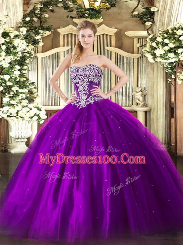 Floor Length Purple 15th Birthday Dress Tulle Sleeveless Beading