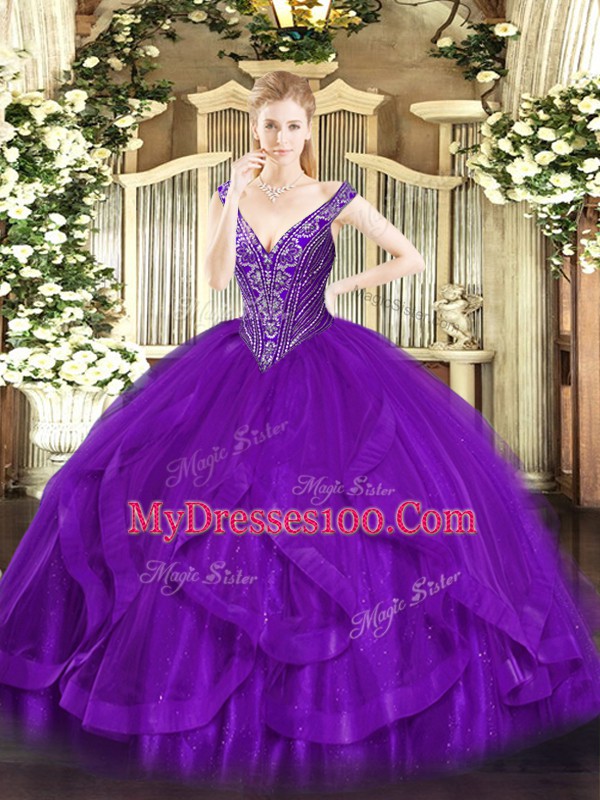 Delicate Purple Ball Gowns Tulle V-neck Sleeveless Beading and Ruffles Floor Length Lace Up Quinceanera Dresses