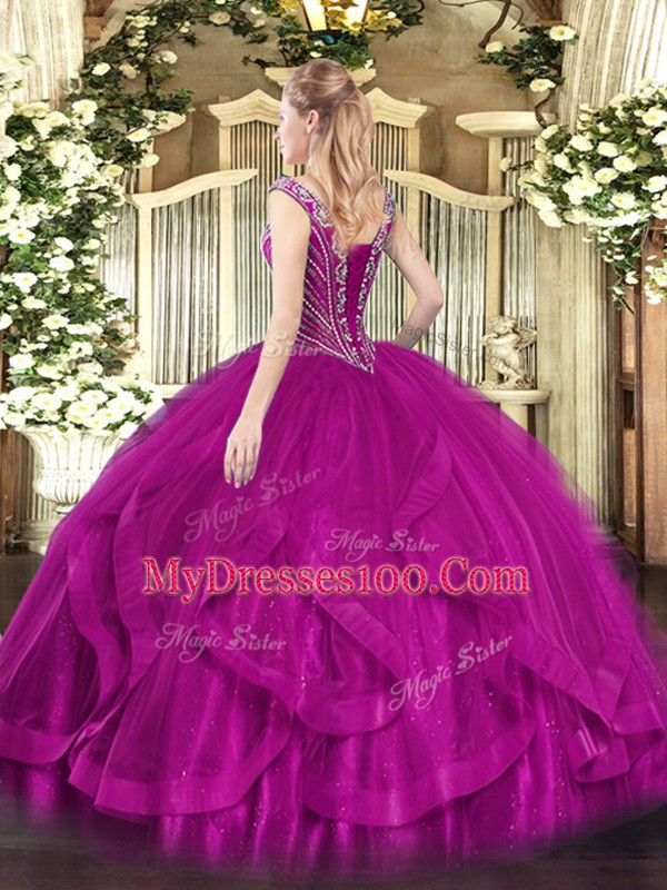 Delicate Purple Ball Gowns Tulle V-neck Sleeveless Beading and Ruffles Floor Length Lace Up Quinceanera Dresses