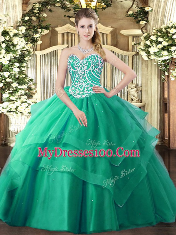 Beauteous Turquoise Lace Up Quinceanera Gown Beading and Ruffled Layers Sleeveless Floor Length