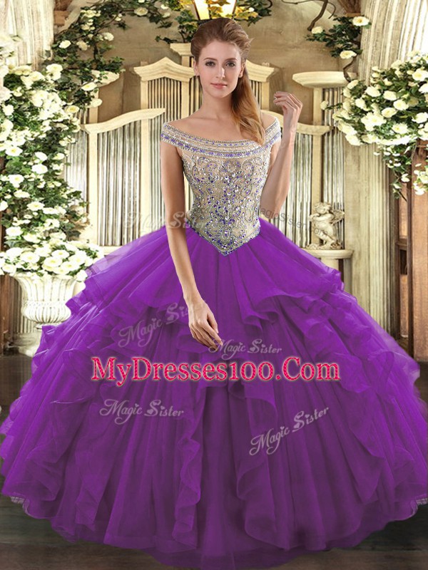 Fancy Off The Shoulder Sleeveless Lace Up Sweet 16 Dress Eggplant Purple Tulle