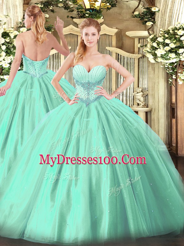 Turquoise Sweetheart Lace Up Beading Quince Ball Gowns Sleeveless