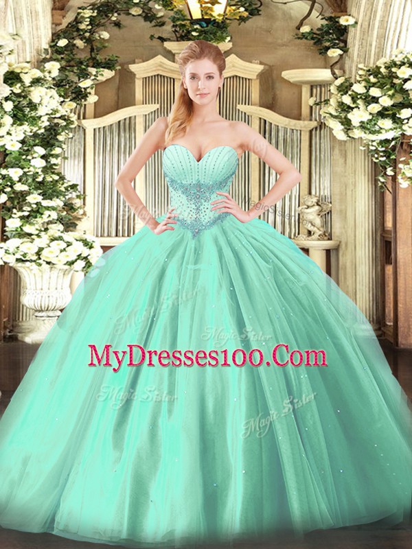 Turquoise Sweetheart Lace Up Beading Quince Ball Gowns Sleeveless