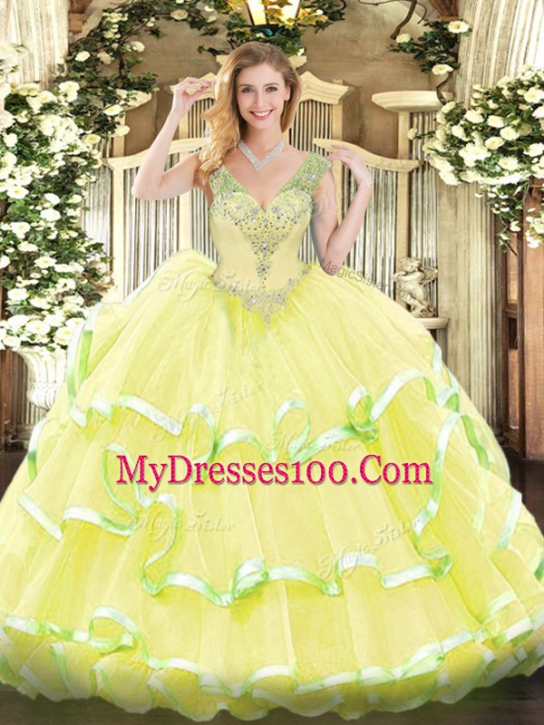 Sleeveless Organza Floor Length Lace Up Quinceanera Gowns in Yellow with Beading and Ruffled Layers