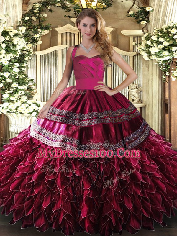 Wine Red Organza Lace Up Vestidos de Quinceanera Sleeveless Floor Length Embroidery and Ruffles