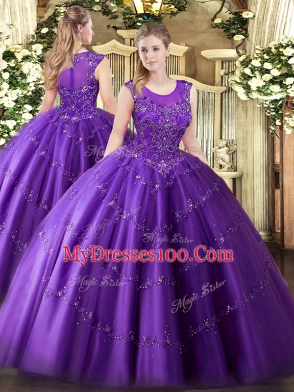 Beautiful Ball Gowns Vestidos de Quinceanera Purple Scoop Tulle Sleeveless Floor Length Zipper