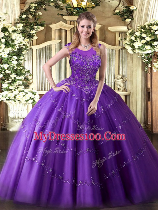 Beautiful Ball Gowns Vestidos de Quinceanera Purple Scoop Tulle Sleeveless Floor Length Zipper