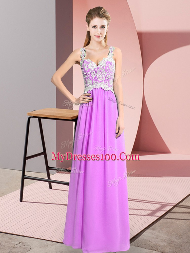 Lilac Chiffon Zipper Prom Dresses Sleeveless Floor Length Lace