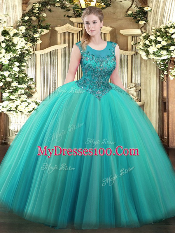 Elegant Turquoise Tulle Zipper Quince Ball Gowns Sleeveless Floor Length Beading
