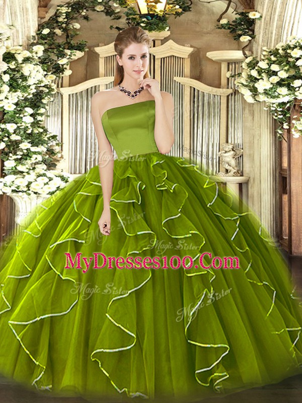 Superior Floor Length Ball Gowns Sleeveless Olive Green Sweet 16 Dress Zipper