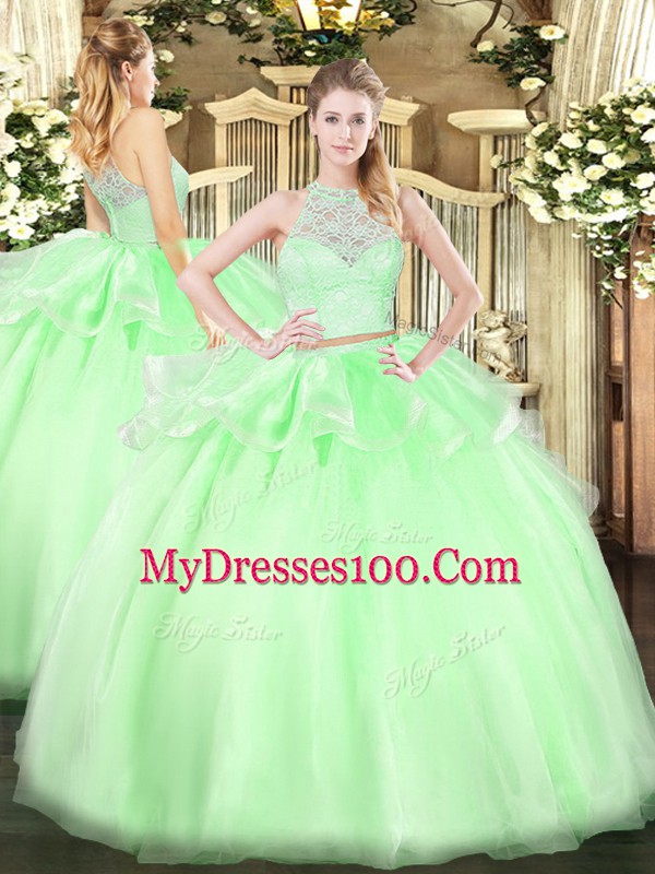 Artistic Tulle Scoop Sleeveless Zipper Lace Quinceanera Gowns in Apple Green