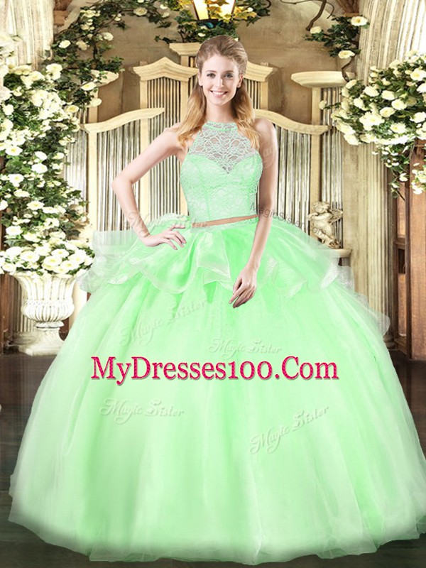 Artistic Tulle Scoop Sleeveless Zipper Lace Quinceanera Gowns in Apple Green
