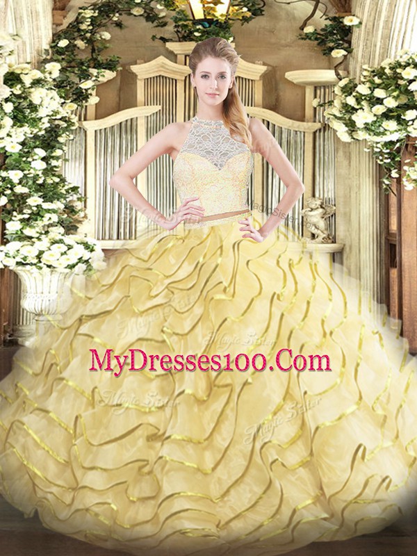 Noble Scoop Sleeveless Quinceanera Dress Brush Train Lace and Ruffles Gold Tulle