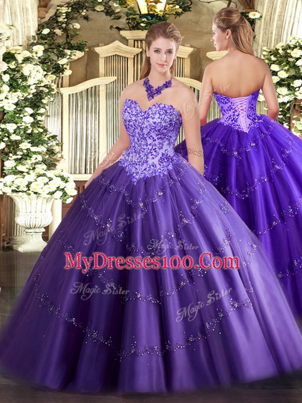 Fitting Tulle Sleeveless Floor Length 15 Quinceanera Dress and Appliques