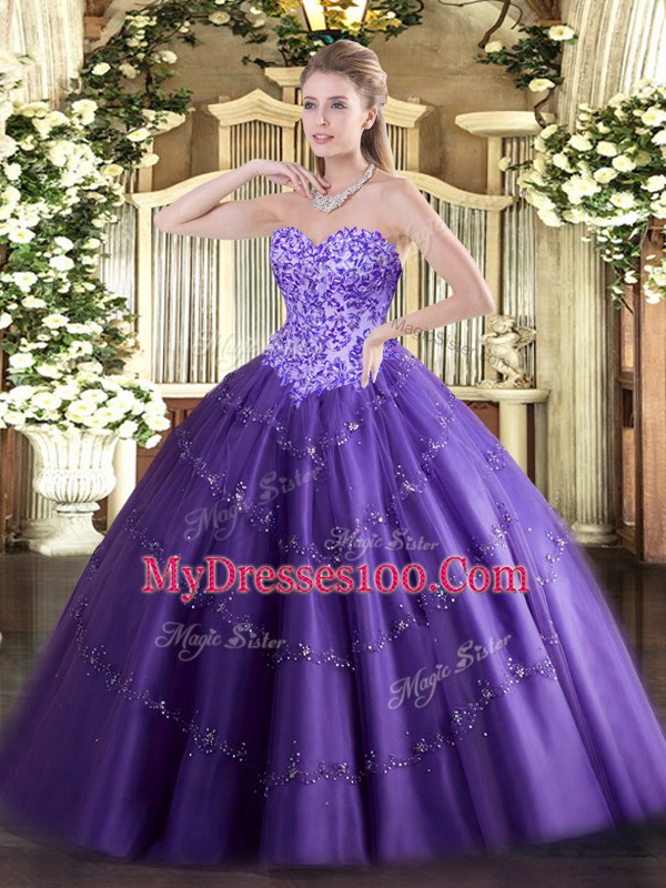 Fitting Tulle Sleeveless Floor Length 15 Quinceanera Dress and Appliques
