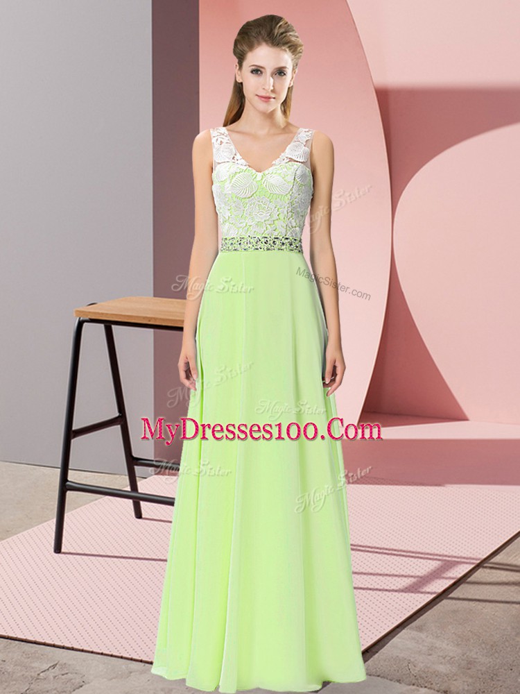 Yellow Green Sleeveless Floor Length Beading Backless Prom Party Dress