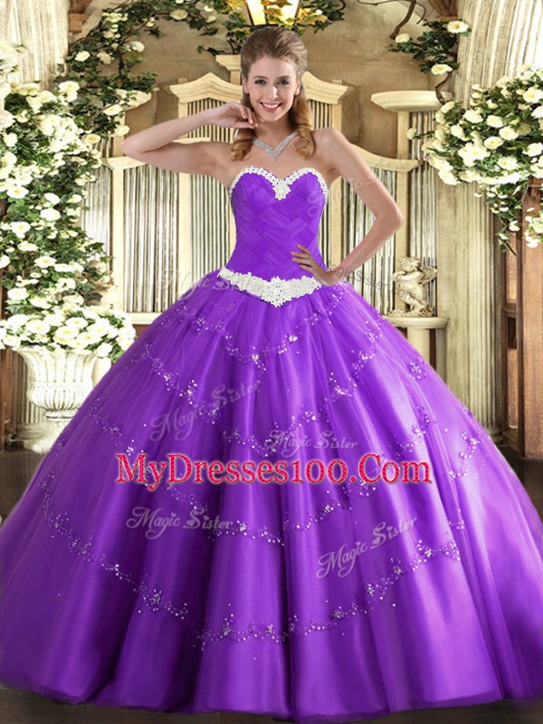 Appliques Quinceanera Gown Lavender Lace Up Sleeveless Floor Length