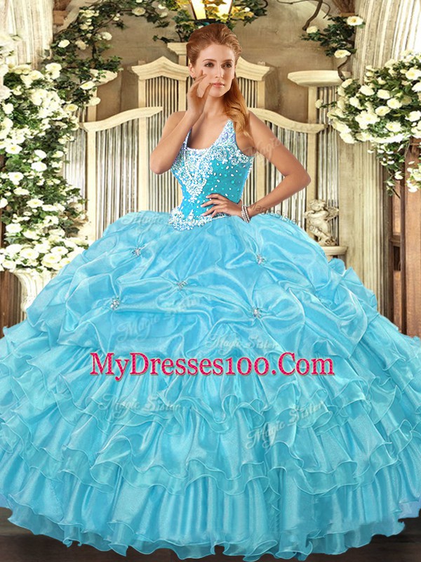 Fantastic Ball Gowns Ball Gown Prom Dress Aqua Blue Straps Organza Sleeveless Floor Length Lace Up
