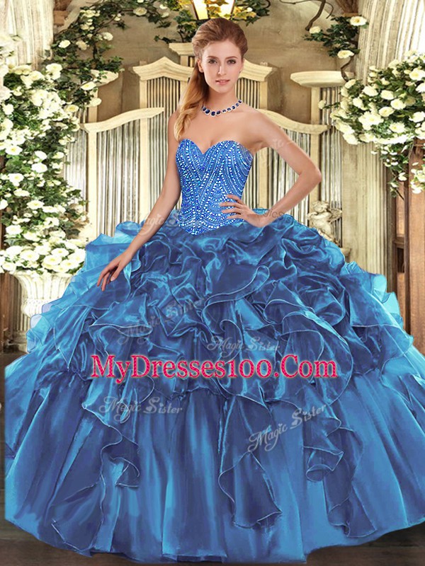 On Sale Blue Sleeveless Organza Lace Up Quince Ball Gowns for Military Ball and Sweet 16 and Quinceanera