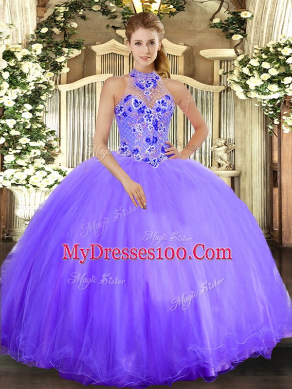 Lavender Halter Top Neckline Embroidery Ball Gown Prom Dress Sleeveless Lace Up
