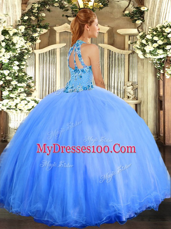 Lavender Halter Top Neckline Embroidery Ball Gown Prom Dress Sleeveless Lace Up