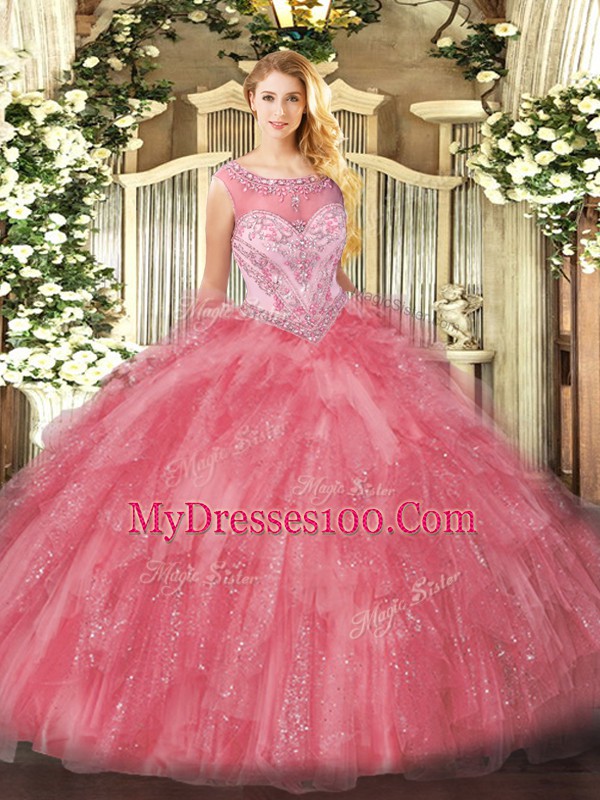 Hot Sale Rose Pink Quinceanera Dress Sweet 16 and Quinceanera with Beading and Ruffles Scoop Sleeveless Zipper