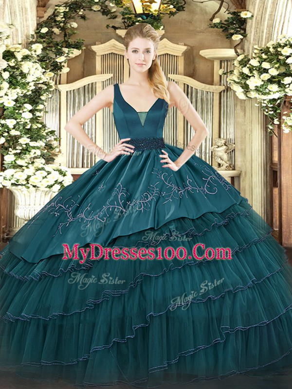 Excellent Teal Straps Neckline Beading and Embroidery and Ruffled Layers Quinceanera Dress Sleeveless Zipper