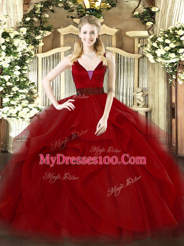 High Class Wine Red Sleeveless Beading and Ruffled Layers Floor Length Vestidos de Quinceanera