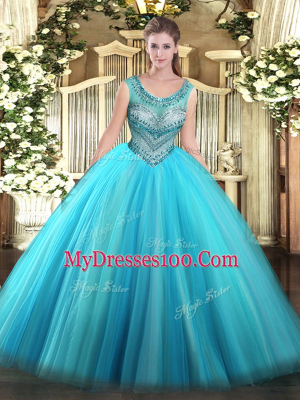 Suitable Baby Blue Ball Gowns Beading Quinceanera Dresses Lace Up Tulle Sleeveless Floor Length