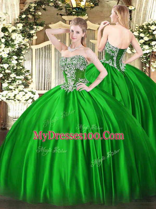 Stylish Floor Length Lace Up 15 Quinceanera Dress Green for Military Ball and Sweet 16 and Quinceanera with Beading
