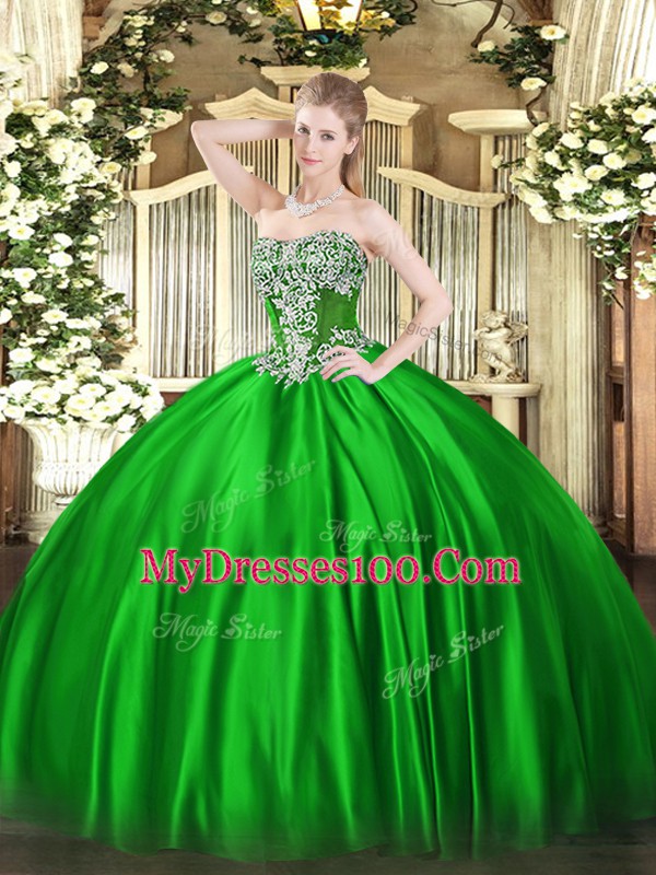 Stylish Floor Length Lace Up 15 Quinceanera Dress Green for Military Ball and Sweet 16 and Quinceanera with Beading