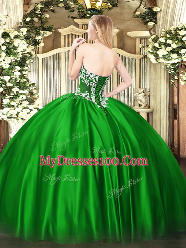 Stylish Floor Length Lace Up 15 Quinceanera Dress Green for Military Ball and Sweet 16 and Quinceanera with Beading