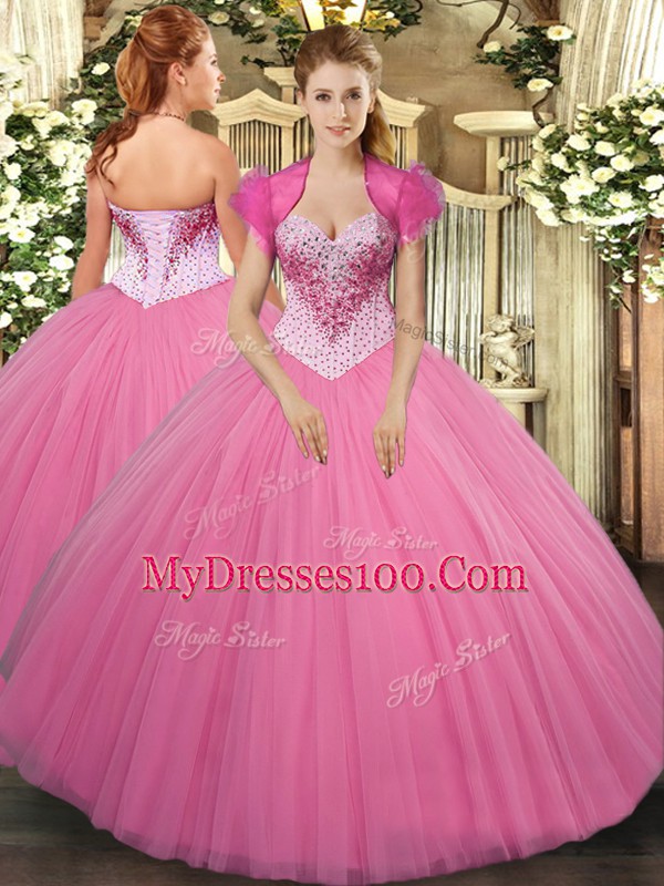 Great Rose Pink Ball Gowns Beading Ball Gown Prom Dress Lace Up Tulle Sleeveless Floor Length