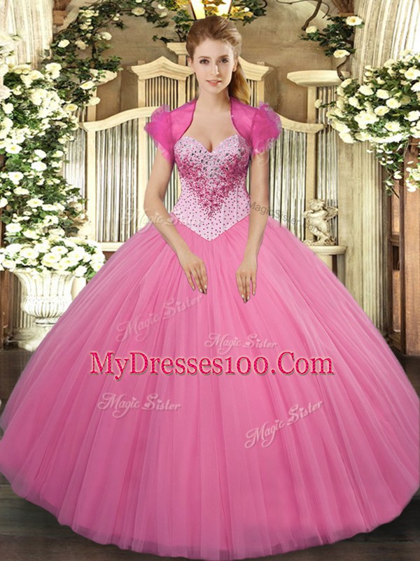 Great Rose Pink Ball Gowns Beading Ball Gown Prom Dress Lace Up Tulle Sleeveless Floor Length