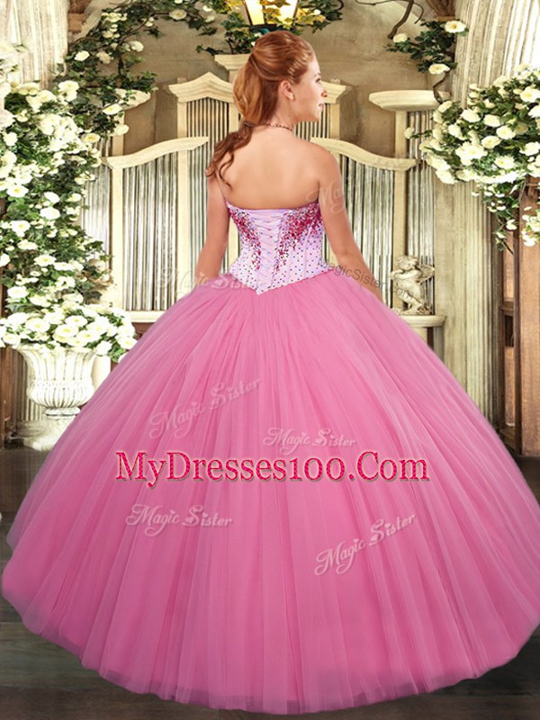 Great Rose Pink Ball Gowns Beading Ball Gown Prom Dress Lace Up Tulle Sleeveless Floor Length