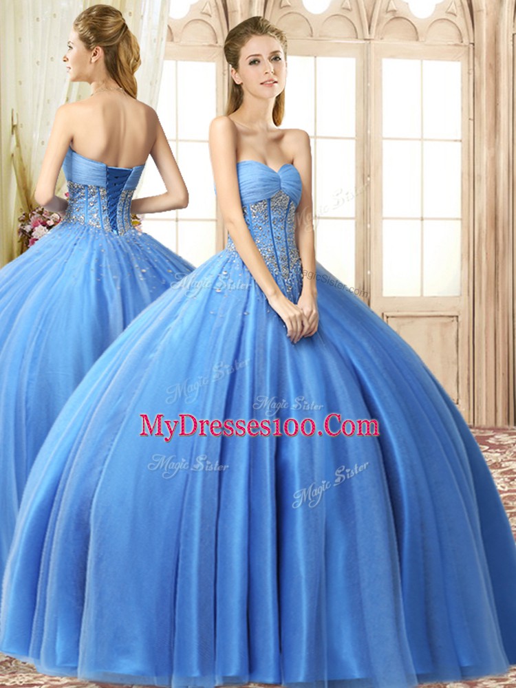 Extravagant Floor Length Lace Up Sweet 16 Dress Baby Blue for Military Ball and Sweet 16 and Quinceanera with Beading