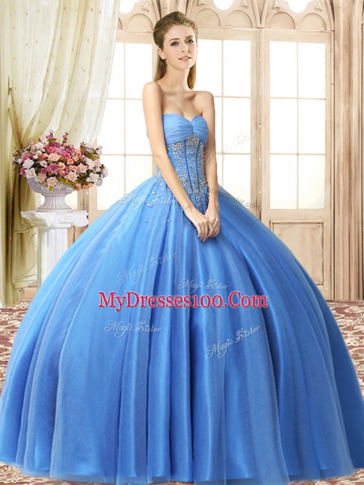 Extravagant Floor Length Lace Up Sweet 16 Dress Baby Blue for Military Ball and Sweet 16 and Quinceanera with Beading