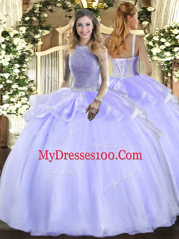 Popular Lavender Quince Ball Gowns Military Ball and Sweet 16 and Quinceanera with Beading Square Sleeveless Lace Up