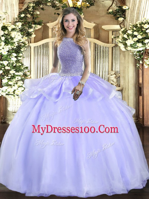 Popular Lavender Quince Ball Gowns Military Ball and Sweet 16 and Quinceanera with Beading Square Sleeveless Lace Up
